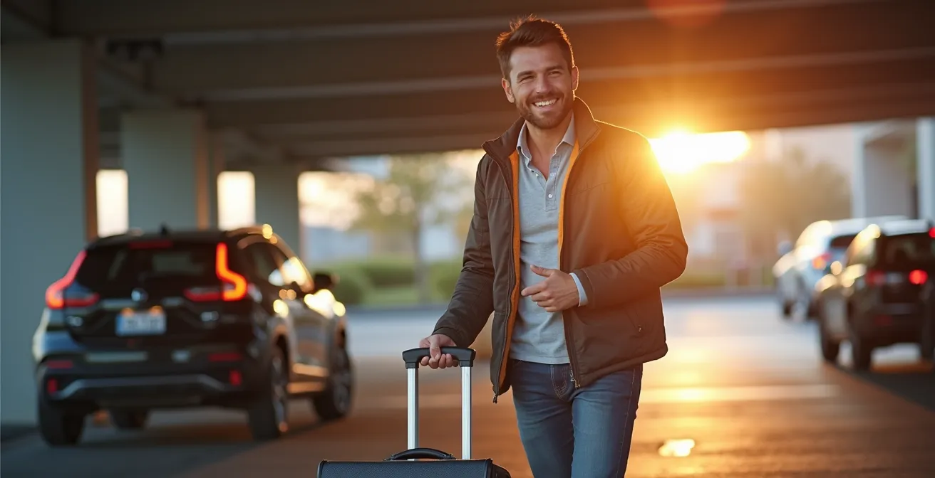 Voyageur récupérant rapidement son véhicule au parking avec smartphone