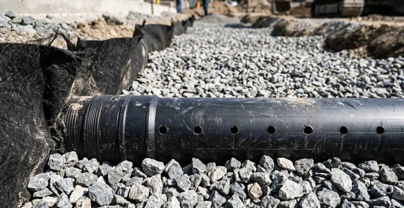 Gros plan sur un tuyau de drainage perforé noir installé dans du gravier concassé avec tissu géotextile visible sur le côté, contexte de chantier résidentiel