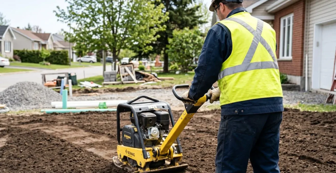 Opérateur vu de dos guidant une plaque vibrante sur du remblai fraîchement étalé, chantier résidentiel québécois, focus sur l'action de compaction