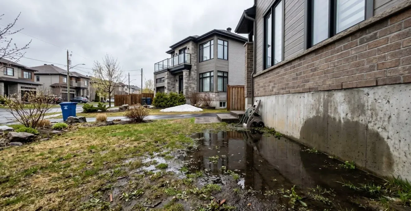 Terrain résidentiel québécois avec flaque d'eau stagnante près des fondations après la fonte printanière, maison moderne en arrière-plan sous ciel couvert
