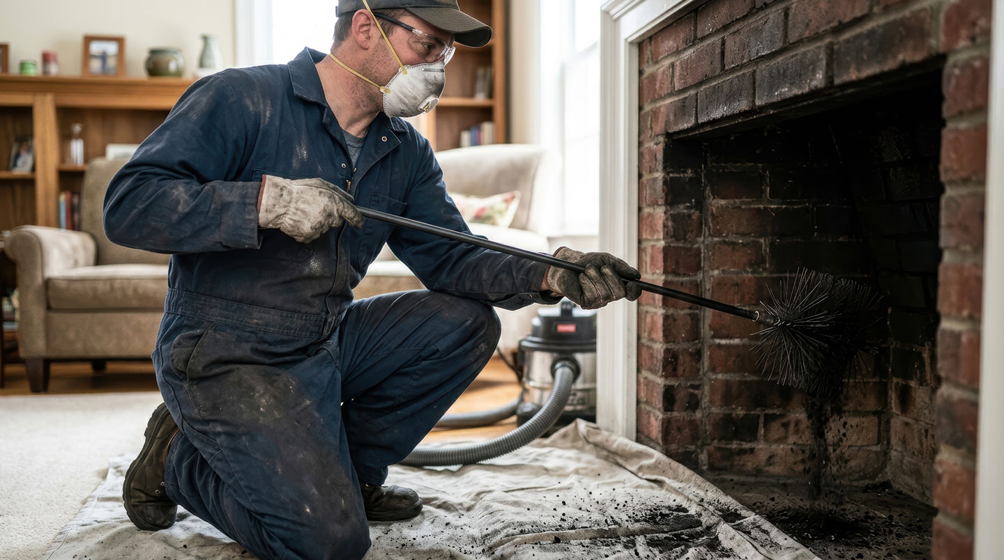 Technicien nettoyant conduit de ventilation avec équipement professionnel, extraction visible de poussière et débris