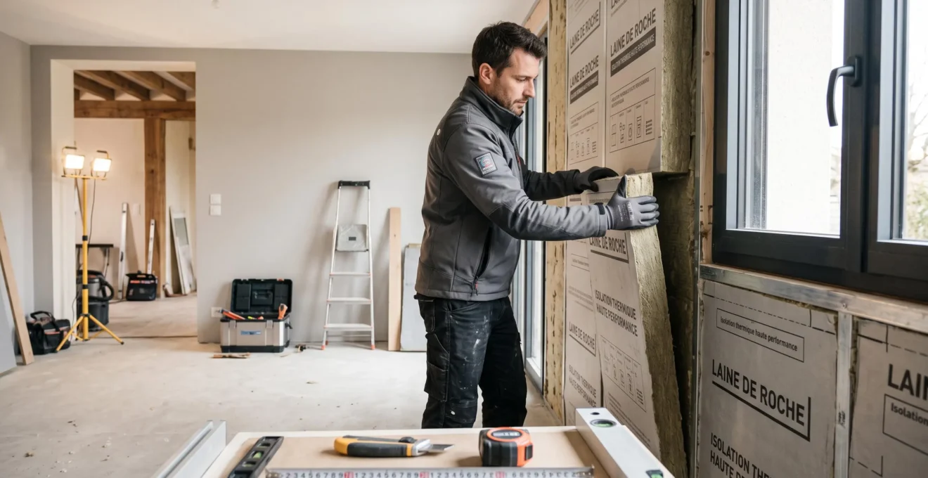 Artisan professionnel installant des panneaux d'isolation thermique sur un mur intérieur lors d'un chantier de rénovation énergétique d'une maison individuelle en France