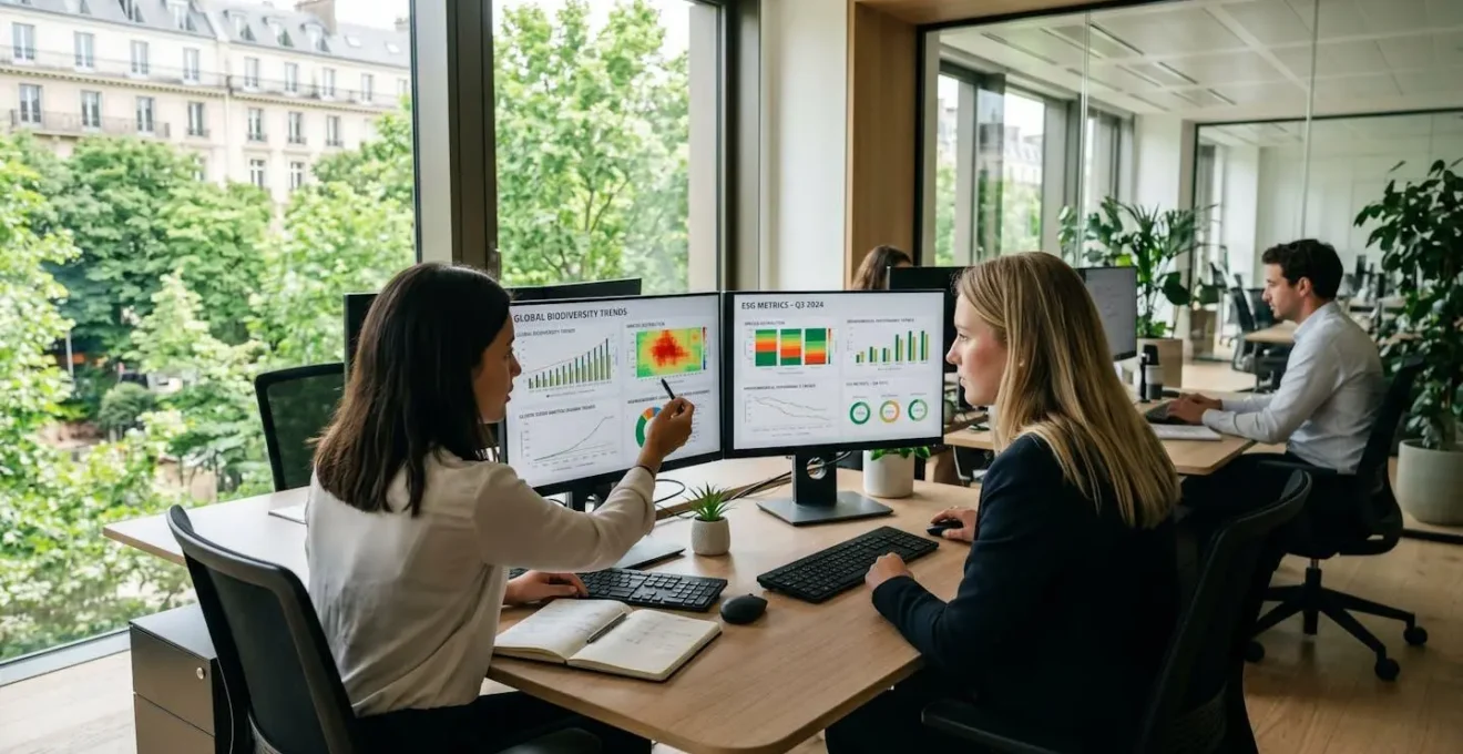 Bureau d'asset manager parisien avec analystes ESG travaillant sur des données de biodiversité affichées sur plusieurs écrans, lumière naturelle et végétation urbaine visible