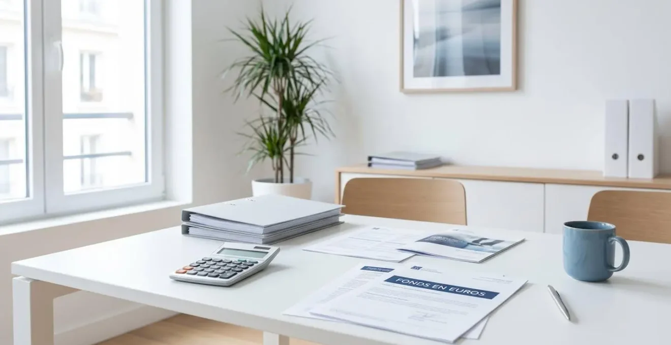 Bureau de conseiller financier avec documents d'assurance vie en fonds euros, calculatrice et dossiers organisés sur un bureau contemporain