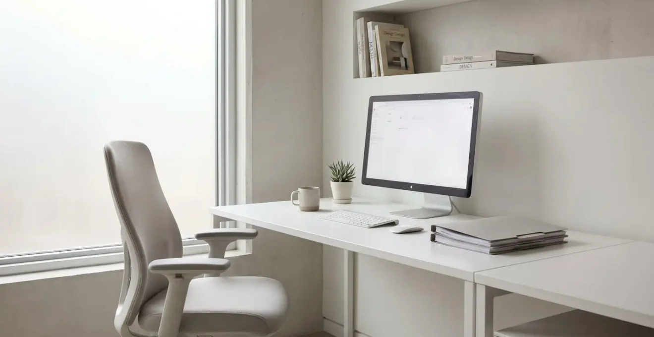 Bureau moderne avec siège ergonomique noir installé devant un écran d'ordinateur, éclairage naturel par fenêtre, surfaces blanches épurées
