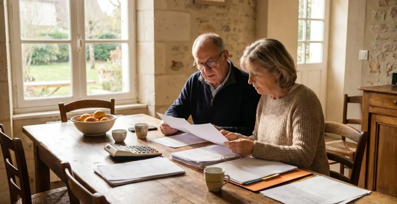 Couple de seniors consultant leurs documents d'épargne retraite à leur table à manger dans un intérieur lumineux
