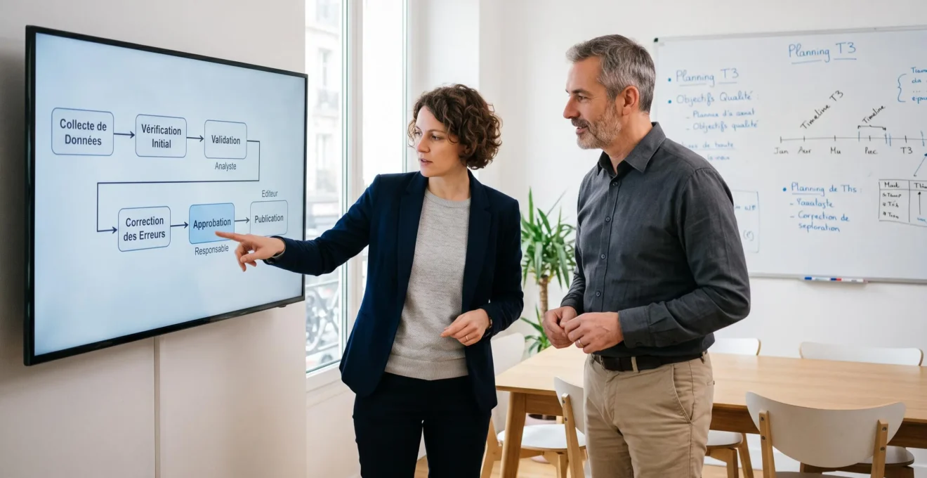 Deux professionnels data dans une salle de réunion contemporaine travaillant ensemble autour d'un écran affichant un workflow de validation de données avec étapes et rôles en français, l'un pointant un élément du processus