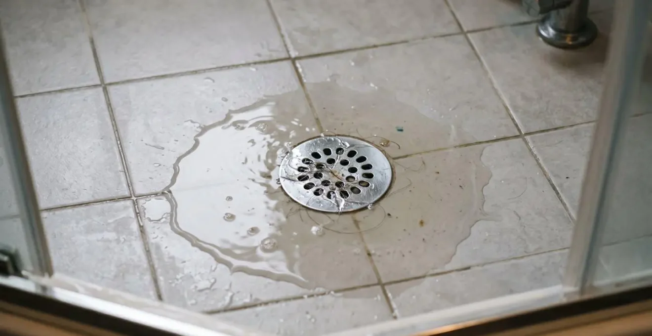 Eau stagnante accumulée autour d'un drain de douche chromé sur plancher de céramique, illustrant un écoulement ralenti