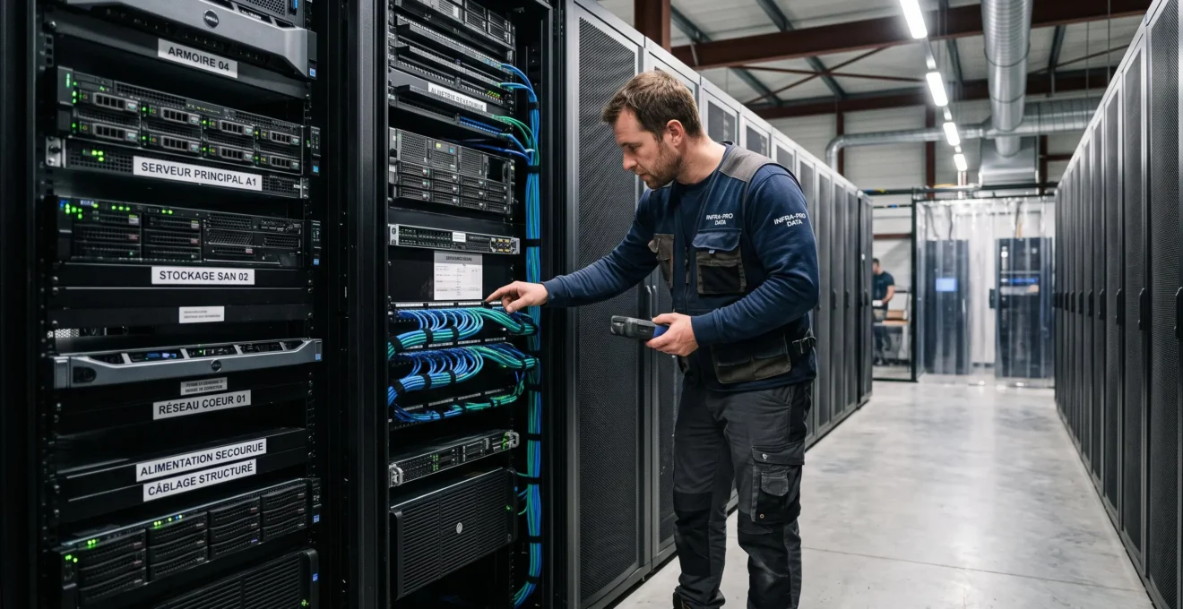 Ingénieur système dans un data center professionnel vérifiant un rack serveur avec câblage structuré et indicateurs LED actifs, étiquetage en français des équipements, environnement technique organisé
