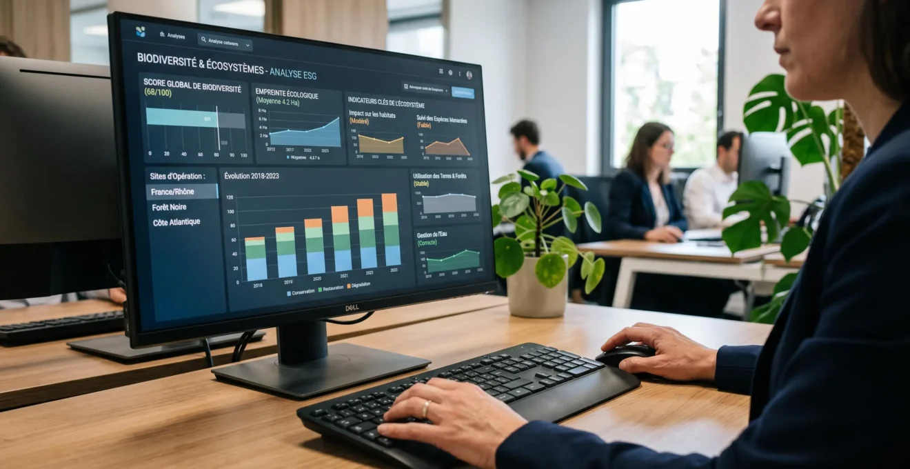 Interface logiciel d'analyse ESG affichant indicateurs de biodiversité avec mains d'analyste naviguant dans les données