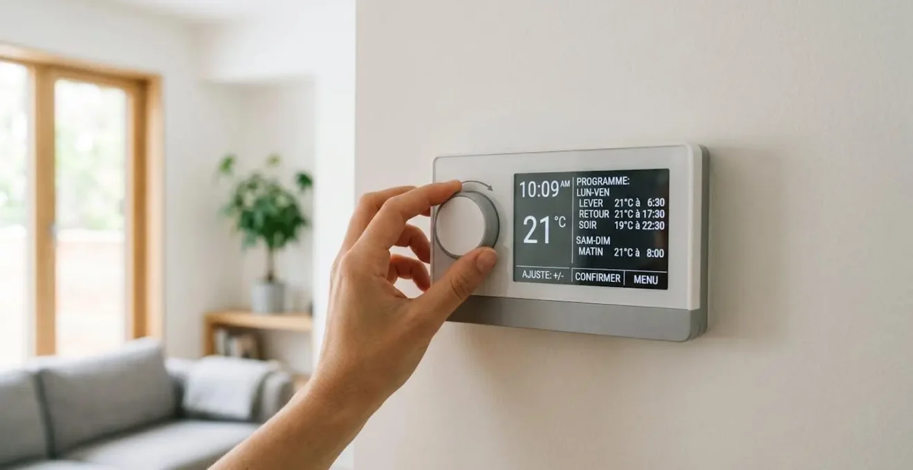 Main ajustant un thermostat programmable moderne avec écran digital dans intérieur résidentiel contemporain