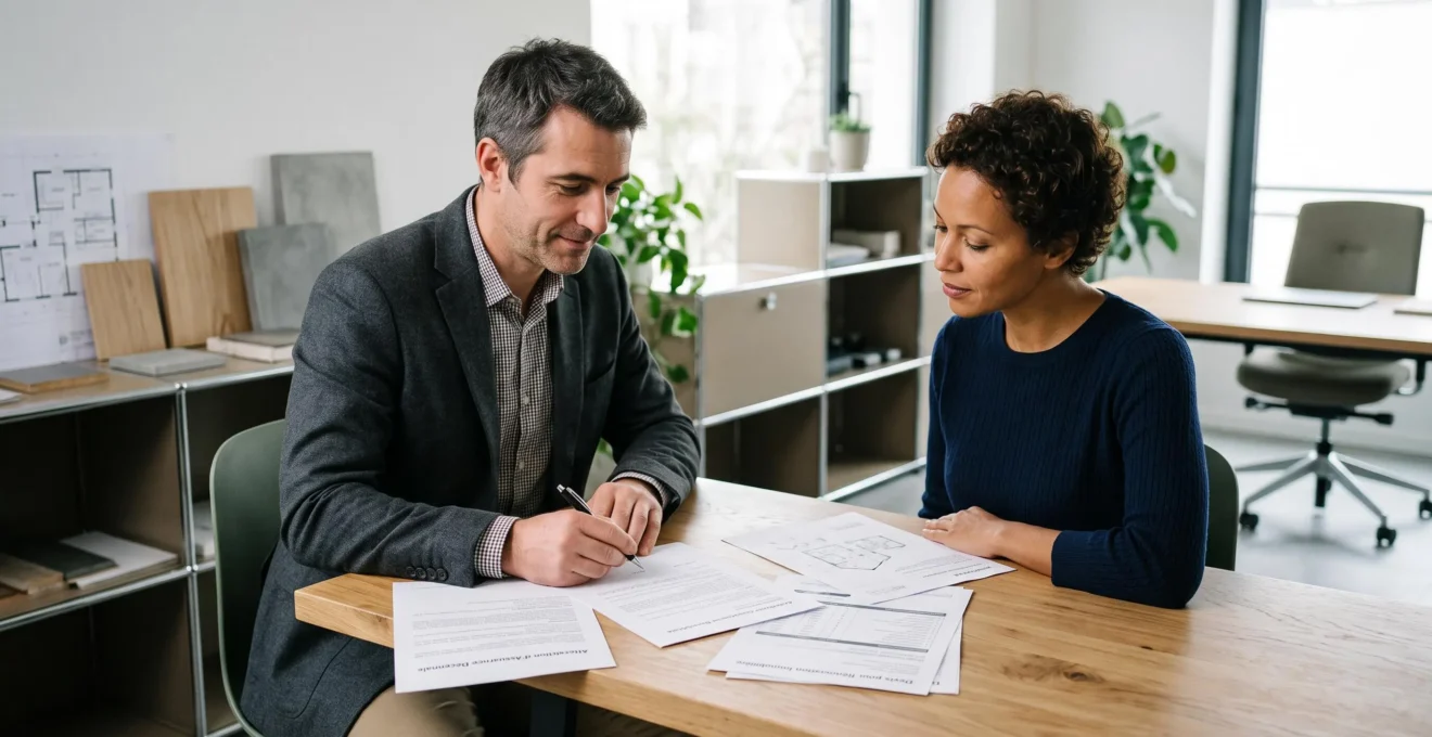 Propriétaire et professionnel du bâtiment examinant ensemble un devis et une attestation d'assurance décennale avant la signature d'un contrat de rénovation