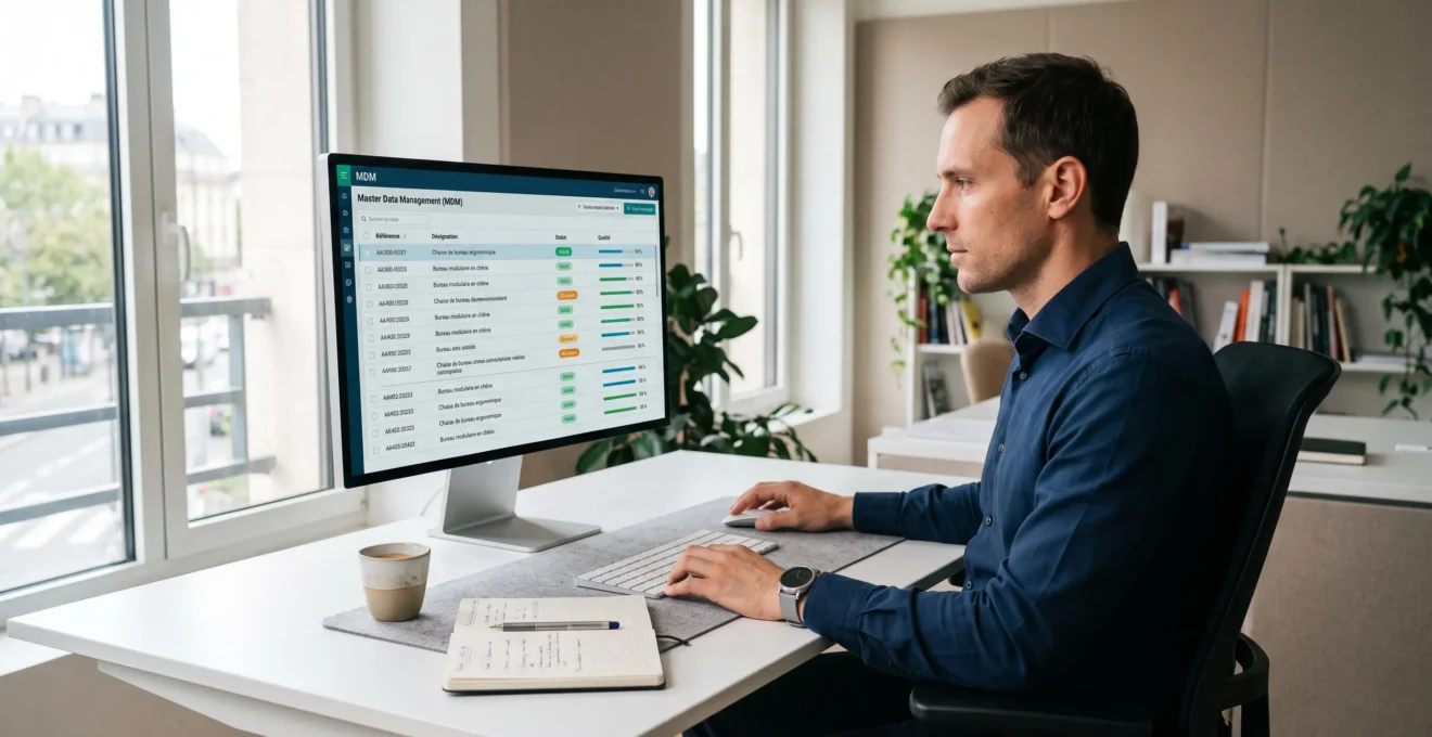 Responsable data consultant sur grand écran une interface de plateforme MDM affichant des tableaux de données produits avec indicateurs de qualité et statuts de validation en français, dans un bureau professionnel contemporain éclairé naturellement