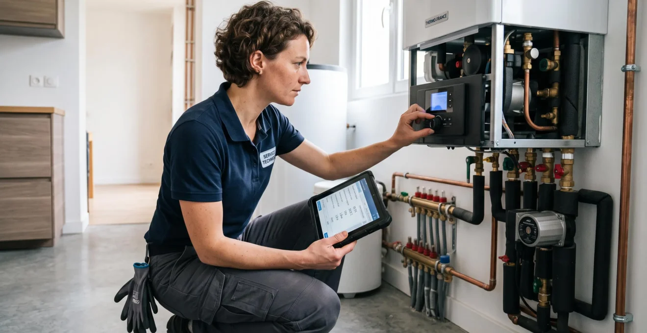 Technicien professionnel effectuant le contrôle qualité et les réglages d'un système de ventilation récemment installé dans une maison en cours de rénovation énergétique