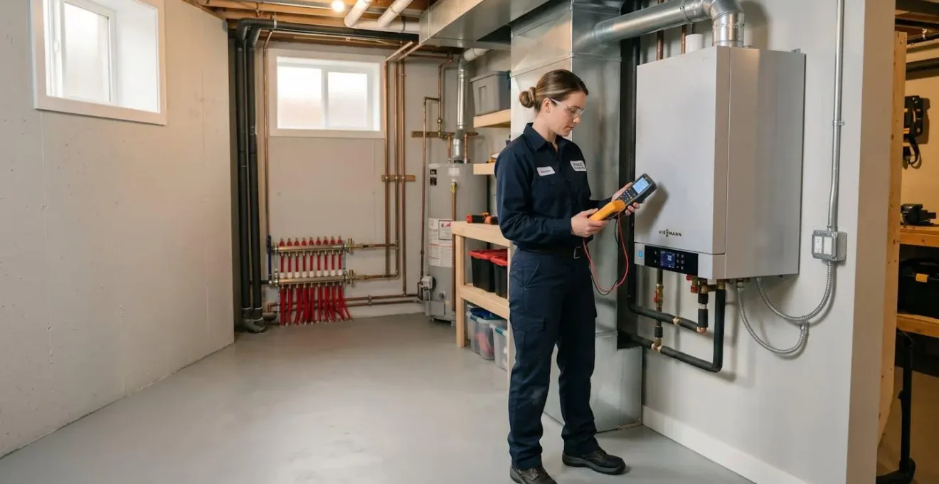 Technicien CVAC inspectant un système de chauffage résidentiel dans un sous-sol moderne avec équipements de diagnostic