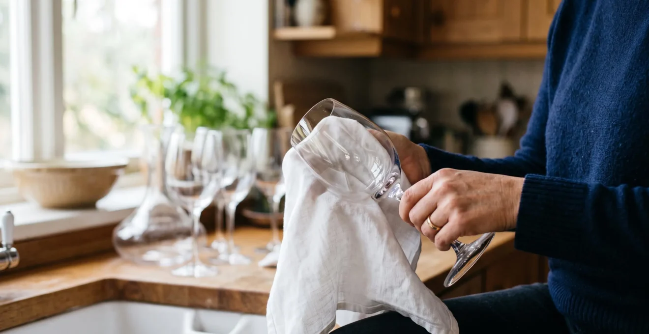 Mains polissant délicatement un verre en cristal avec un torchon blanc en lin, plusieurs autres verres transparents visibles en arrière-plan flou
