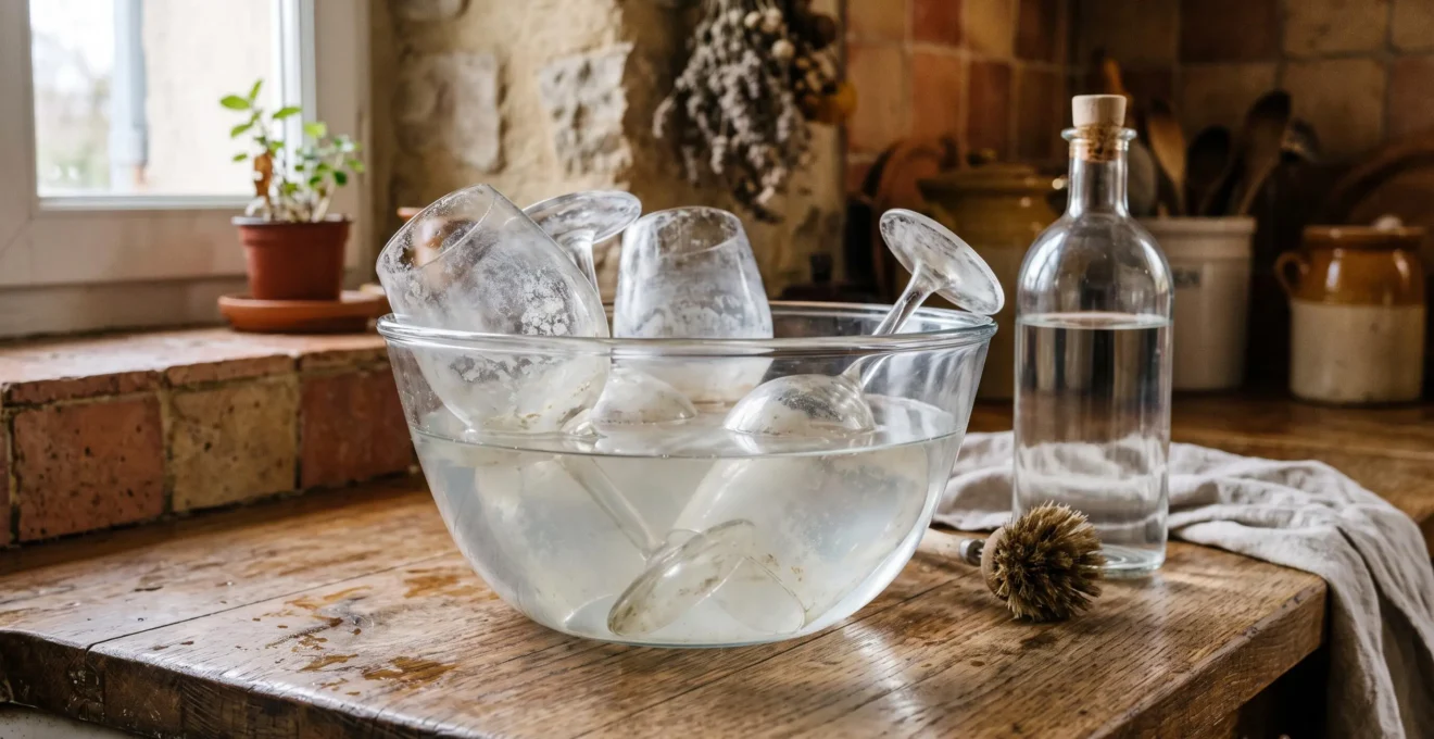 Verres ternis avec traces de calcaire trempant dans une bassine contenant une solution de vinaigre blanc sur un plan de travail de cuisine