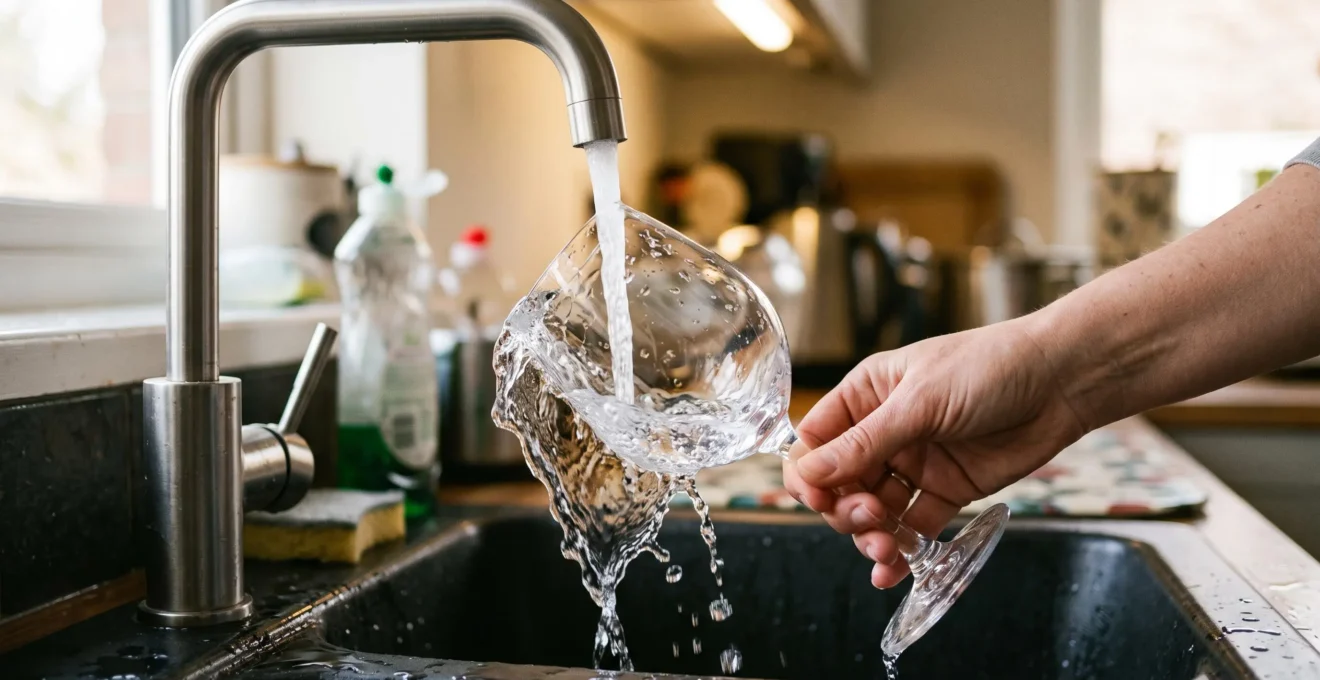 Verre à pied tenu par la main sous l'eau courante du robinet lors d'un rinçage après utilisation