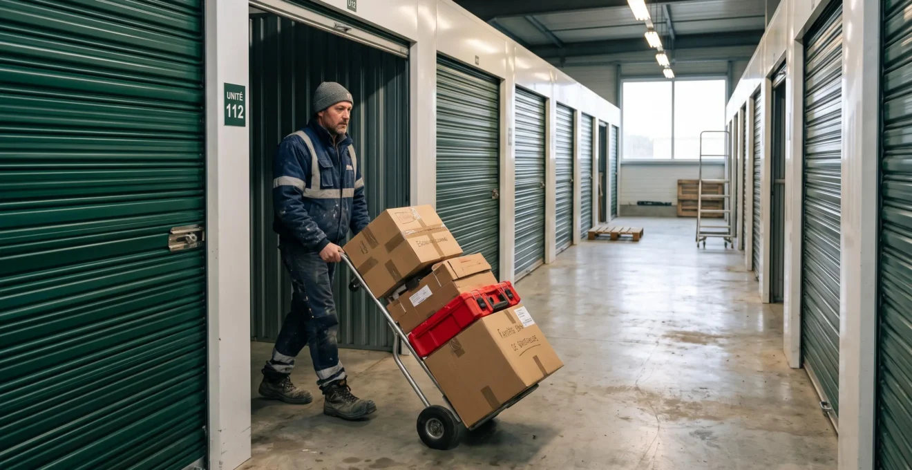 Un professionnel chargé d'un diable entre des cartons dans un box de stockage.